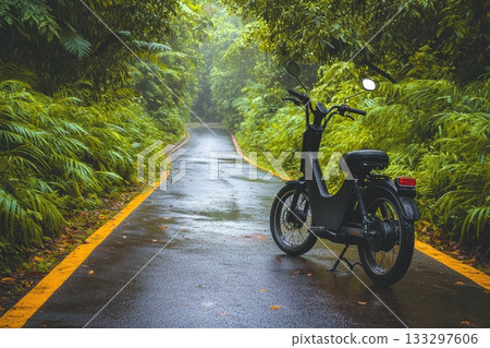 A black scooter is parked on a wet road in a forest A black scooter is parked on a wet road in a forest 133297606