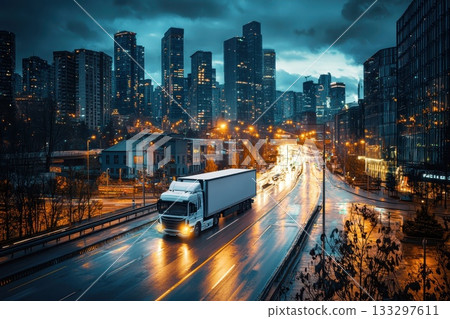 A large white semi truck is driving down a city street at night A large white semi truck is driving down a city street at night 133297611