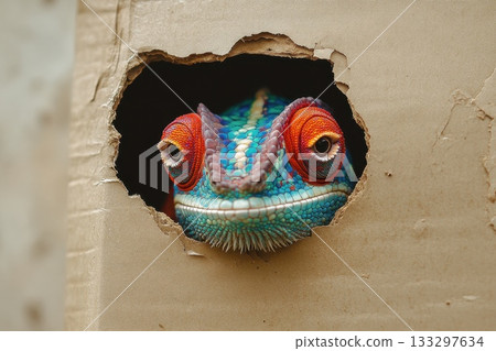 Colorful Chameleon Peeking Through Cardboard Hole with Vibrant Eyes and Unique Textures 133297634