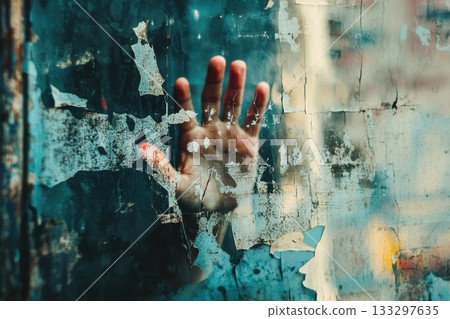 Hand Pressing Against a Textured Glass Surface with Peeling Paint in Urban Environment 133297635