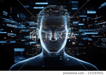 Futuristic Digital Portrait of a Human Figure Surrounded by Glowing Information and Data Streams Futuristic Digital Portrait of a Human Figure Surrounded by Glowing Information and Data Streams 133297641