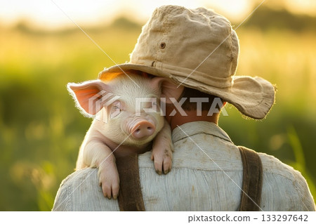 Farmer Holding Piglet with Golden Sunrise in Background on a Beautiful Summer Morning Farmer Holding Piglet with Golden Sunrise in Background on a Beautiful Summer Morning 133297642