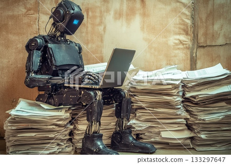 Robot Working on Laptop Surrounded by Paper Files in Modern Office Environment 133297647