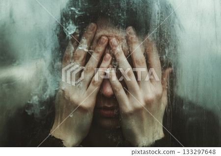 Emotional Struggle Behind Foggy Glass, Capturing Inner Turmoil and Isolation in Winter Emotional Struggle Behind Foggy Glass, Capturing Inner Turmoil and Isolation in Winter 133297648
