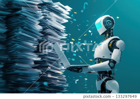 Futuristic Robot Managing Paperwork with Laptop Amidst Colorful Paper Sheets in Motion Futuristic Robot Managing Paperwork with Laptop Amidst Colorful Paper Sheets in Motion 133297649