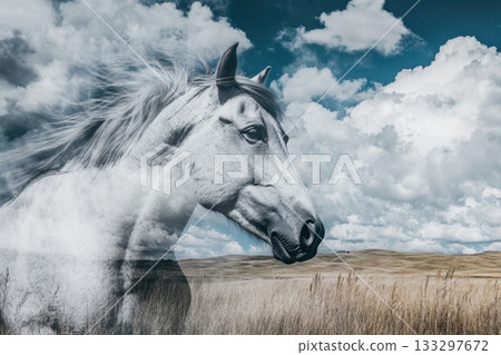 Majestic White Horse with Flowing Mane Against Dramatic Cloudy Sky and Golden Grassland Majestic White Horse with Flowing Mane Against Dramatic Cloudy Sky and Golden Grassland 133297672
