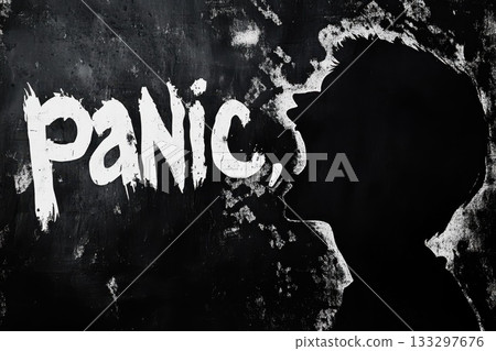 Human Silhouette Expressing Emotion with Panic Text on Grunge Dark Background 133297676