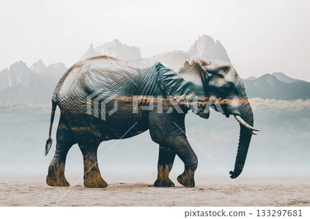 Majestic Elephant Silhouette Against Serene Landscape with Mountains and Clouds Majestic Elephant Silhouette Against Serene Landscape with Mountains and Clouds 133297681