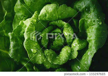 Fresh Green Lettuce Leaf with Water Droplets in Close-Up View for Healthy Eating 133297685