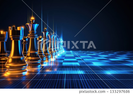 Futuristic Digital Chessboard with Illuminated Chess Pieces and High-Tech Background Futuristic Digital Chessboard with Illuminated Chess Pieces and High-Tech Background 133297686