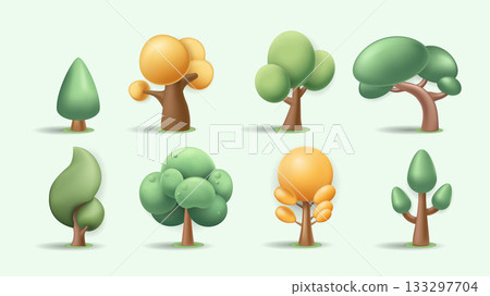 Abstract trees 3d elements set in realistic render design. Collection of green or yellow rounded foliage plants, glossy cartoon forest or garden with plasticine or plastic effect. Vector illustration. Abstract trees 3d elements set in realistic render design. Collection of green or yellow rounded foliage plants, glossy cartoon forest or garden with plasticine or plastic effect. Vector illustration. 133297704