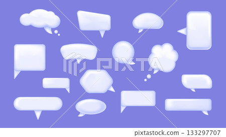 Speech bubbles 3d elements set in realistic render design. Collection of white empty chat box frames, dialogue balloons, messages and chatting shapes, round or square templates. Vector illustration. 133297707