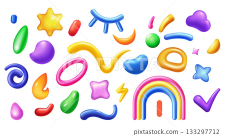 Colorful children shapes 3d elements set in realistic render design. Collection of abstract doodle figures, spirals, rainbow, swirls, ribbons, stars, drops, cloud, circles, more. Vector illustration. 133297712