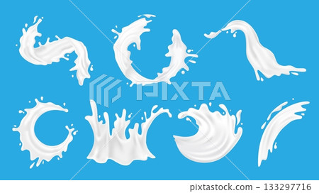 Milk splash 3d elements set in realistic render design. Collection of white yogurt and dairy liquid products falling, pouring and motion with drops, swirl and crown movement. Vector illustration. Milk splash 3d elements set in realistic render design. Collection of white yogurt and dairy liquid products falling, pouring and motion with drops, swirl and crown movement. Vector illustration. 133297716