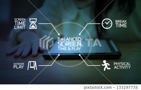 Tablet as glowing icons highlight the idea of balancing screen time with real world activities, healthier habits through simple visual guidance for a kid. Tablet as glowing icons highlight the idea of balancing screen time with real world activities, healthier habits through simple visual guidance for a kid. 133297738