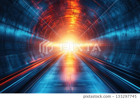 Bright Light Emerging from Futuristic Tunnel with Blue and Orange Accents in Abstract Form 133297745