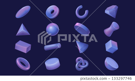 Geometric shapes 3d elements set in realistic render design. Collection of oval, donut, spiral part, diamond, pyramid, sphere, circle, cube, cone, chain, ring, torus, half figure. Vector illustration. 133297746