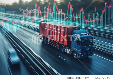Modern Freight Truck in Motion with Abstract Data Visualization on a Busy Highway 133297750