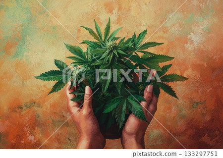 Hands Holding a Lush Green Cannabis Plant Against a Warm Textured Background 133297751
