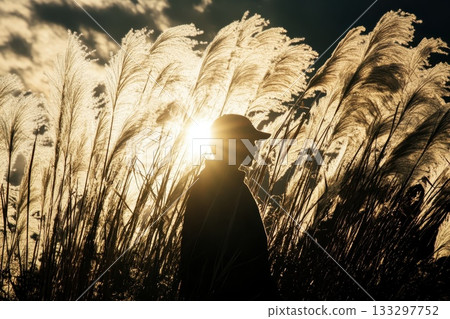 Silhouette of a Person Standing Among Tall Grasses at Sunset with Bright Sunlight in Background 133297752