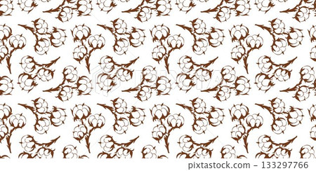 Seamless pattern with cotton plant in line art style. Design for textile and bed linen. Seamless pattern with cotton plant in line art style. Design for textile and bed linen. 133297766