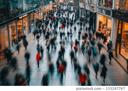 A busy city street with people walking and shopping 133297767