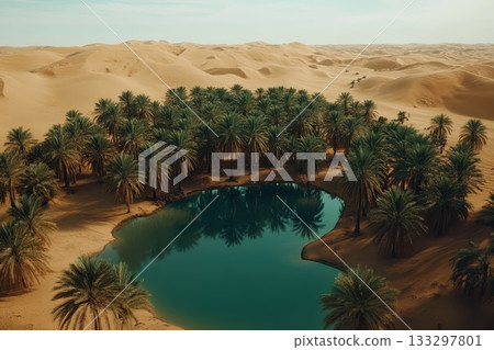 A large body of water surrounded by palm trees 133297801