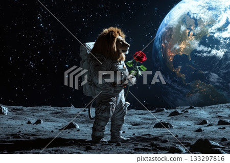 A lion astronaut is holding a rose in space 133297816