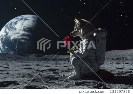 A dog is wearing a spacesuit and holding a rose A dog is wearing a spacesuit and holding a rose 133297838