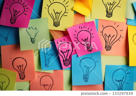 A bunch of colorful sticky notes with light bulbs drawn on them 133297839