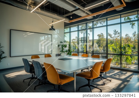 A large conference room with a white board on the wall and a projector 133297841