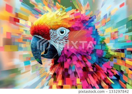 A colorful parrot with a bright blue eye is the main focus of the image 133297842