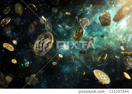 A bunch of coins are falling from the sky, with one of them being a Bitcoin 133297844