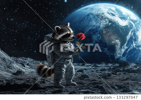 A raccoon astronaut is holding a rose in space A raccoon astronaut is holding a rose in space 133297847