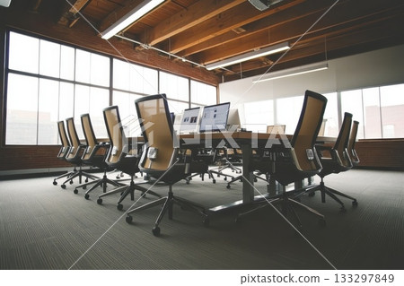 A large conference room with a long table and many chairs A large conference room with a long table and many chairs 133297849