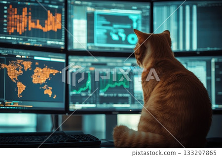 A cat is sitting in front of a computer monitor with a world map on it 133297865