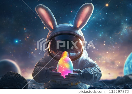 A rabbit in a space suit holding an egg in space 133297873