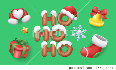 Christmas 3d elements set in realistic render design. Collection of red and white Santa Claus mittens and hat, snowballs, ho ho ho letters with snow, gift, snowflake, stocking. Vector illustration. 133297875