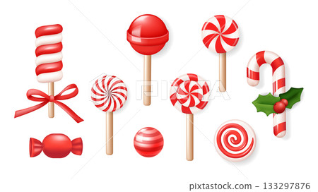 Christmas candies 3d elements set in realistic render design. Collection of red and white twisted glossy candy cane, lollipops and sugar desserts, shiny traditional confectionery. Vector illustration. 133297876