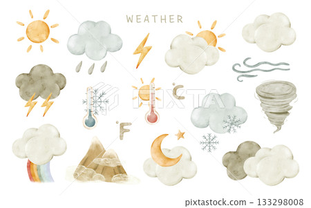 Watercolor weather clipart with sun, heat, clouds, rain, wind, fog, snow, frost, hail, lightning, rainbow, tornado, moon, storm. Isolated elements for kids posters, worksheets, planners, and crafts. Watercolor weather clipart with sun, heat, clouds, rain, wind, fog, snow, frost, hail, lightning, rainbow, tornado, moon, storm. Isolated elements for kids posters, worksheets, planners, and crafts. 133298008