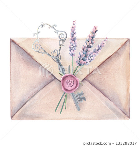 Vintage paper envelope with wax seal, lavender, key. Hand-painted watercolor illustration isolated on white for greeting cards, wedding invitations, love letters, packaging, scrapbooking, design 133298017