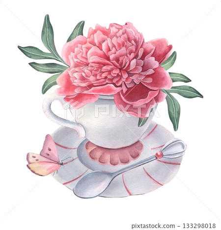 Ceramic tea set, pink peony flower, leaves, butterfly. Hand-painted watercolor illustration isolated on white for kitchen prints, posters, invitations, branding, cards, textile, home decor design 133298018