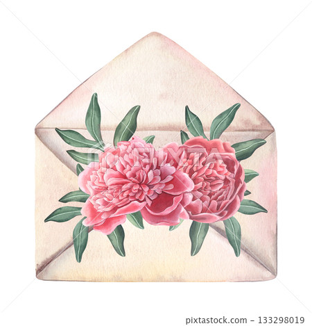 Open craft envelope with pink peony flowers and leaves. Hand-painted watercolor botanical illustration isolated on white for floral design, wedding invitations, packaging, branding, cards, posters Open craft envelope with pink peony flowers and leaves. Hand-painted watercolor botanical illustration isolated on white for floral design, wedding invitations, packaging, branding, cards, posters 133298019