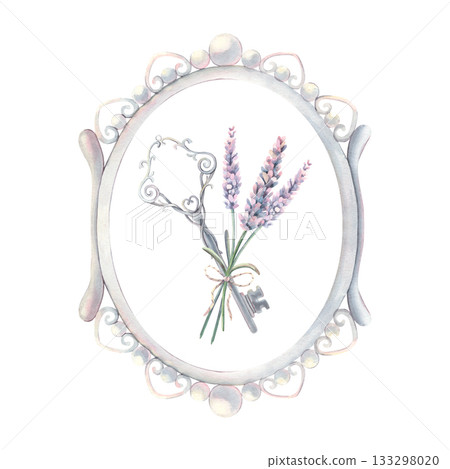 Vintage pearl frame, lavender bouquet, metal key. Hand-painted watercolor illustration isolated on white for floral design, printing on textile, wedding invitation, packaging, branding, cards, posters Vintage pearl frame, lavender bouquet, metal key. Hand-painted watercolor illustration isolated on white for floral design, printing on textile, wedding invitation, packaging, branding, cards, posters 133298020