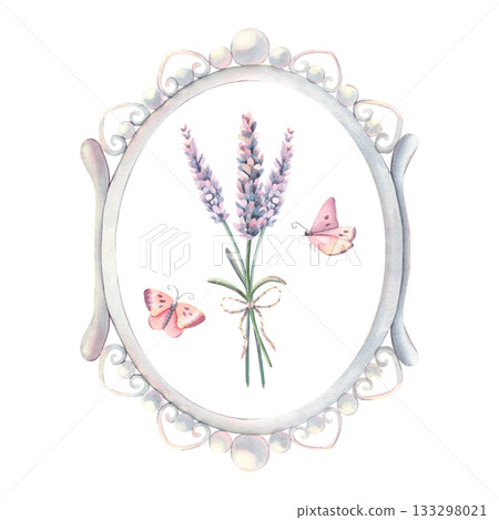 Vintage pearl frame, lavender bouquet, butterflies. Hand-painted watercolor illustration isolated on white for floral design, printing on textile, wedding invitation, packaging, branding, card, poster Vintage pearl frame, lavender bouquet, butterflies. Hand-painted watercolor illustration isolated on white for floral design, printing on textile, wedding invitation, packaging, branding, card, poster 133298021