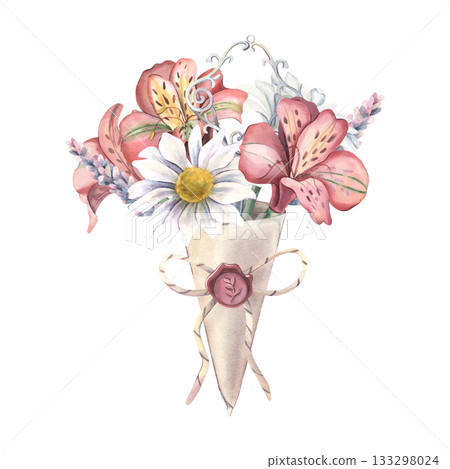 Lavender, chrysanthemum, alstroemeria bouquet, key, cone. Hand-painted watercolor illustration isolated on white for printing on poster, textile, card, wedding invitation, design, scrapbooking 133298024