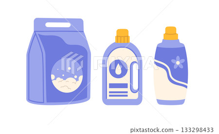 Laundry detergents plastic bottles and powder package. Flat vector isolated illustration Laundry detergents plastic bottles and powder package. Flat vector isolated illustration 133298433