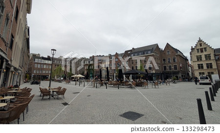 Tables an chairs at open cafes in the open space in Antwerp  133298473