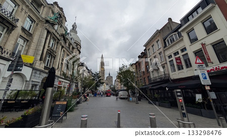 Cathedral view street with restaurants in Antwerp Cathedral view street with restaurants in Antwerp 133298476