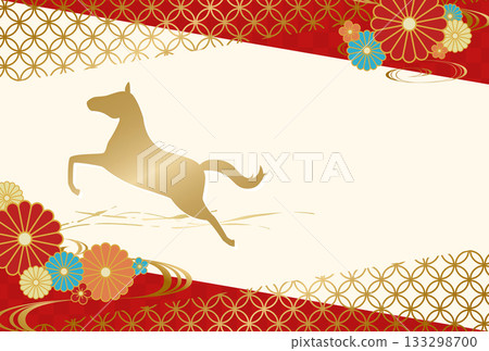 Golden horse, flower and Japanese pattern New Year's card template 2026 Red Golden horse, flower and Japanese pattern New Year's card template 2026 Red 133298700